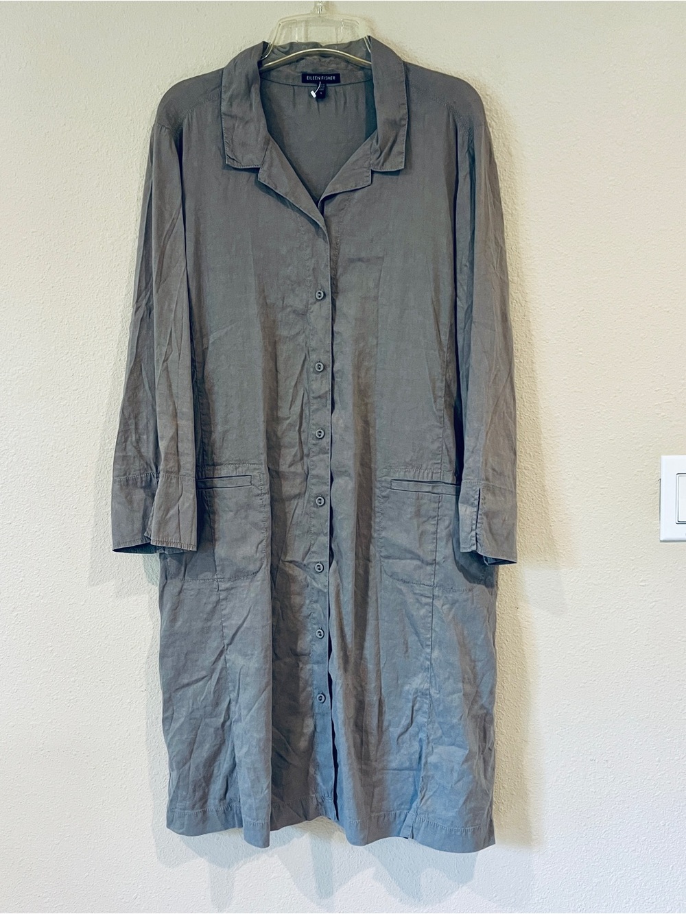Eileen Fisher shirt dress linen blend button front Lagenlook taupe size Large